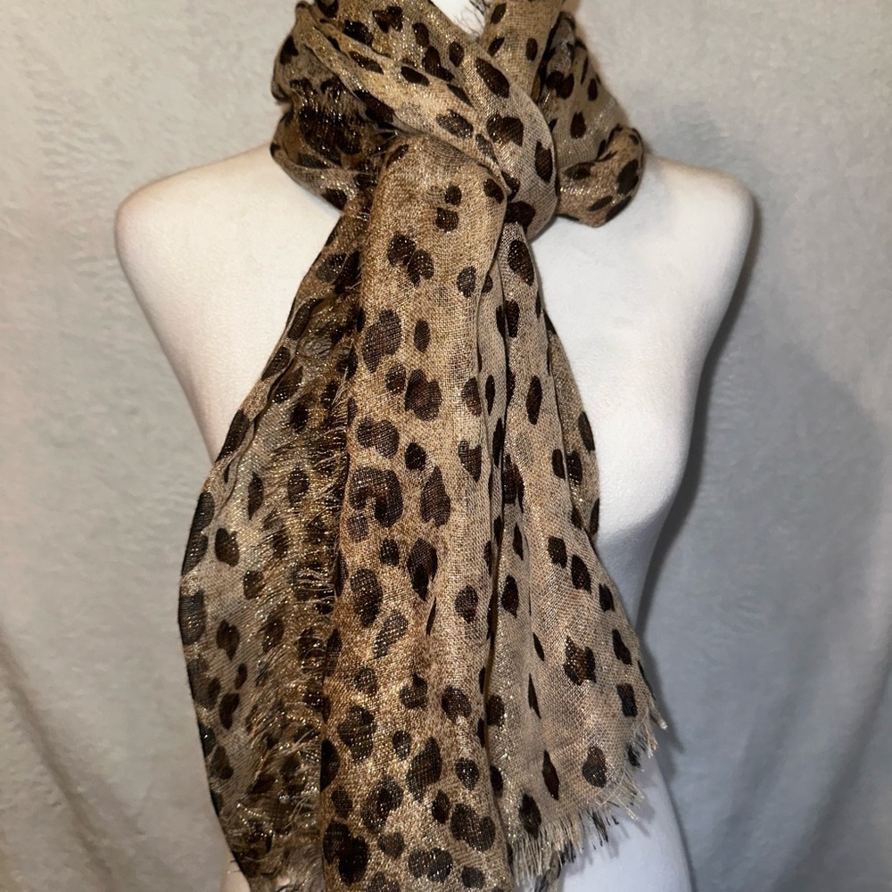 #1327 Leopard Print Scarf - Brown and Black with Gold Threads